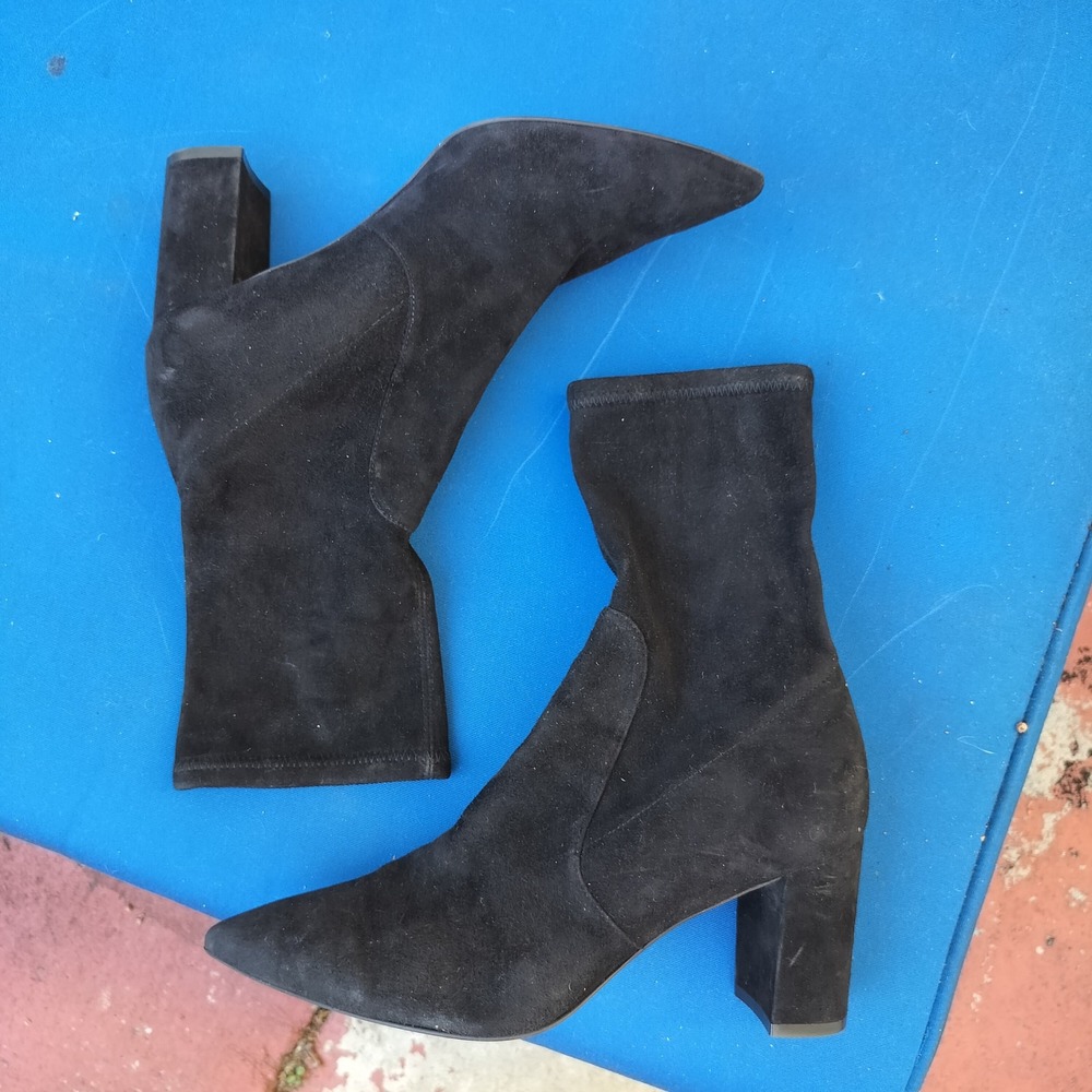 Stuart Weitzman Black Suede Pointed Toe Block Heel‎ Sock Booties Boots